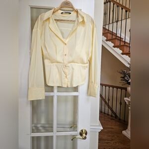 NWOT ZARA Pleated washed-silk Blouse Pastel Yellow